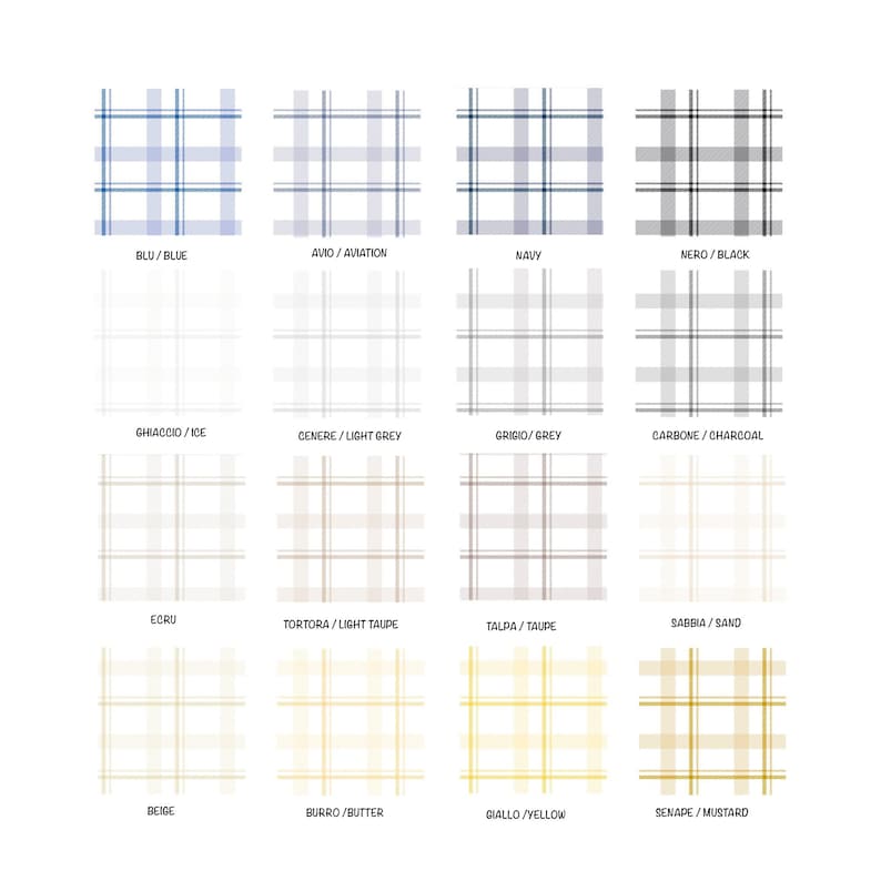 May include: A chart of 16 different plaid patterns with color names in Italian and English. The colors range from blue to yellow.