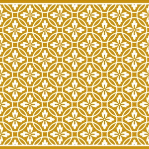 May include: A seamless pattern with a repeating design of white stylized flowers on a gold background.