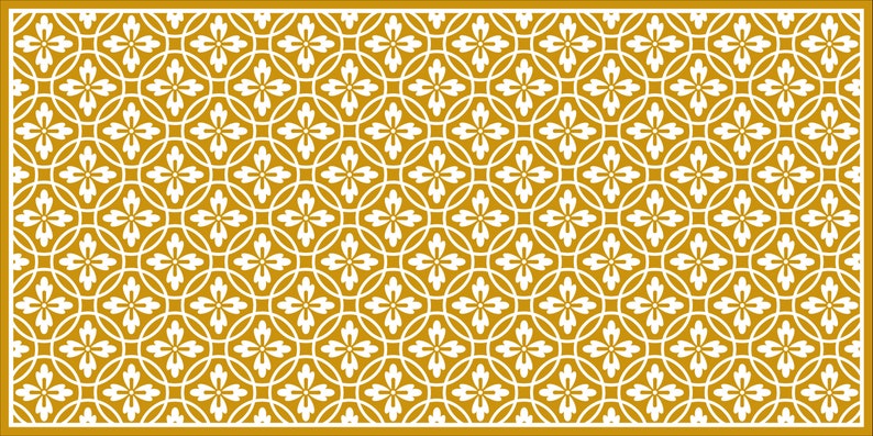 May include: A seamless pattern with a repeating design of white stylized flowers on a gold background.