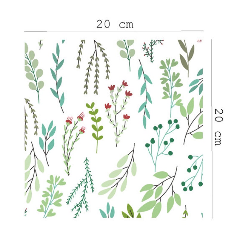 May include: A seamless pattern featuring a variety of green leaves and red flowers on a white background. The pattern is 20 inches by 20 inches.