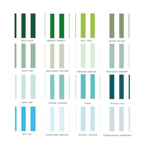May include: A colour chart with 16 different shades of green, blue, and light blue. The colour names are written in Italian and English below each colour swatch.