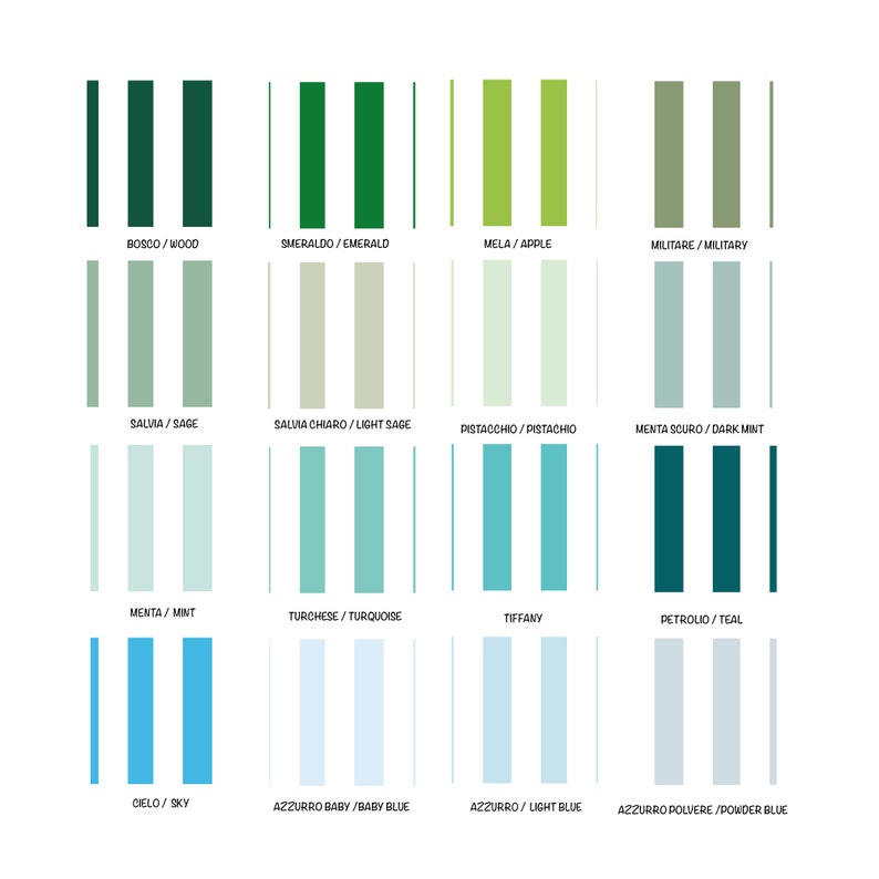 May include: A colour chart with 16 different shades of green, blue, and light blue. The colour names are written in Italian and English below each colour swatch.