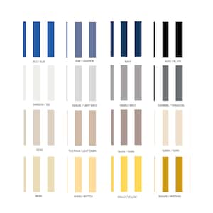 May include: A colour chart with 16 different colour swatches. The colours are arranged in four rows of four swatches each. The colours are: blue, aviation, navy, black, ice, light grey, grey, charcoal, ecru, light taupe, taupe, sand, beige, butter, yellow, and mustard.