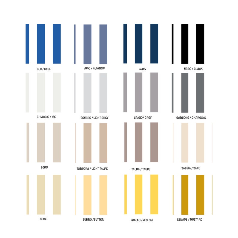 May include: A colour chart with 16 different colour swatches. The colours are arranged in four rows of four swatches each. The colours are: blue, aviation, navy, black, ice, light grey, grey, charcoal, ecru, light taupe, taupe, sand, beige, butter, yellow, and mustard.