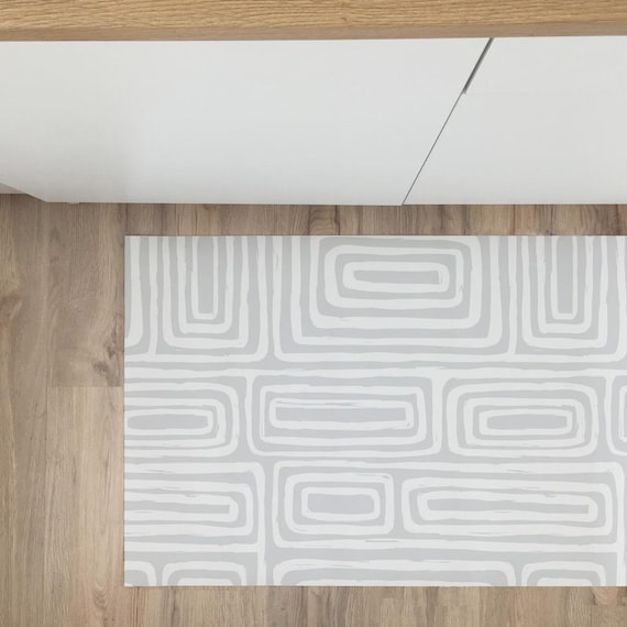 Geometric Vinyl Floor Mat, Washable Kitchen Rug, Entryway Runner, Grey PVC Home Decor