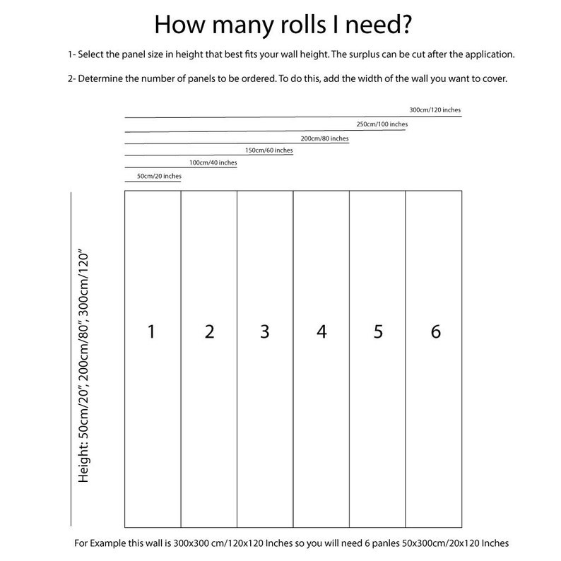 May include: A diagram showing how to calculate the number of wallpaper rolls needed for a wall. The diagram shows a wall divided into six sections, each representing a different width of wallpaper roll. The wall is labelled with the height in inches and centimetres. The text below the diagram says "For Example this wall is 300x300 cm/120x120 Inches so you will need 6 panles 50x300cm/20x120 Inches".