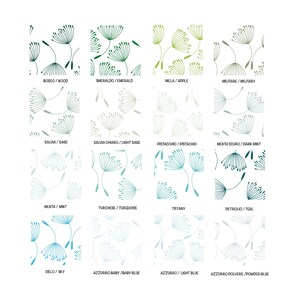 May include: A chart with 12 different shades of green and blue, each with a pattern of stylized dandelion seeds. The colors are labeled with their Italian and English names.