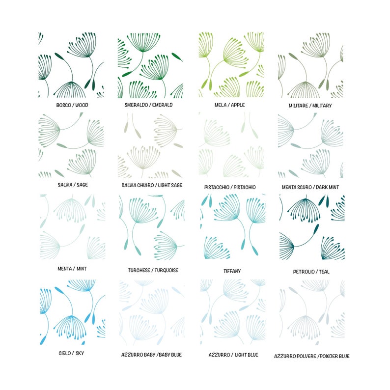 May include: A chart with 12 different shades of green and blue, each with a pattern of stylized dandelion seeds. The colors are labeled with their Italian and English names.