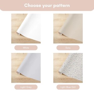 May include: Image displaying four pattern options: White, Ecru, Light Grey, and Light Blue Grit. Each option is shown as a rolled-up sheet of material, with the color and name of each pattern displayed below. The text "Choose your pattern" is at the top.