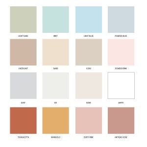Op de afbeelding: Een kleurenkaart met 16 verschillende verfkleuren. De kleuren zijn gerangschikt in vier rijen van vier. De kleuren zijn: Lichtgroen, Mint, Lichtblauw, Poederblauw, Hazelnoot, Zand, Ecru, Poederroze, Stof, IJs, Been, Wit, Terracotta, Goudgeel, Stofrose en Oudroze.