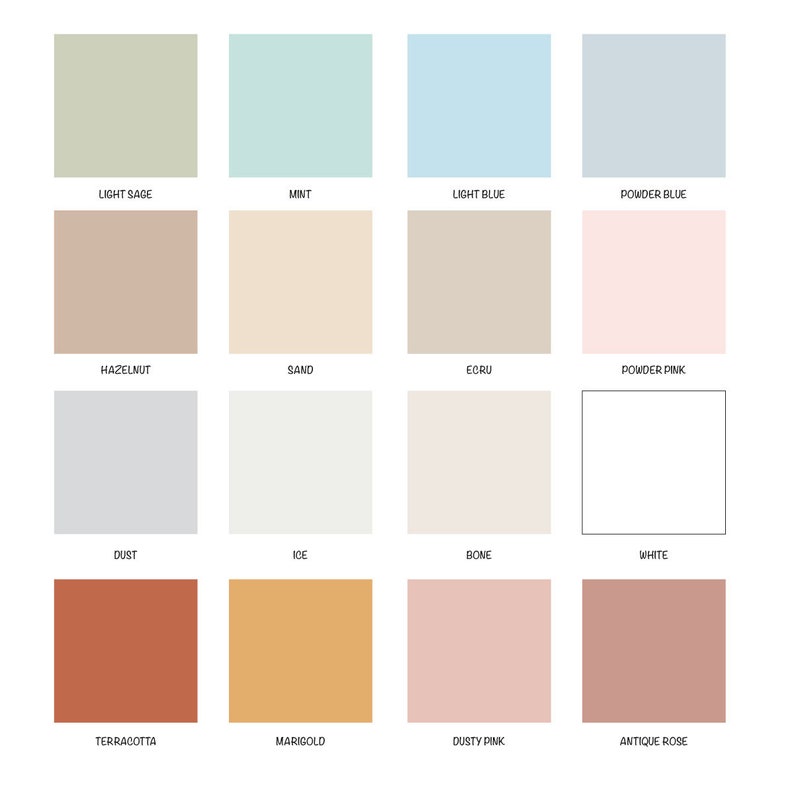 Op de afbeelding: Een kleurenkaart met 16 verschillende verfkleuren. De kleuren zijn gerangschikt in vier rijen van vier. De kleuren zijn: Lichtgroen, Mint, Lichtblauw, Poederblauw, Hazelnoot, Zand, Ecru, Poederroze, Stof, IJs, Been, Wit, Terracotta, Goudgeel, Stofrose en Oudroze.