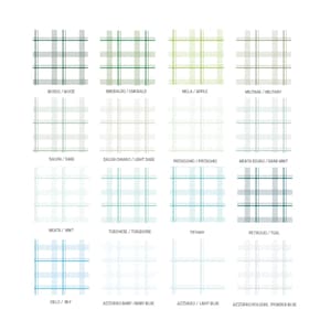 May include: A chart of 16 different plaid patterns in various shades of green, blue, and white. Each pattern is labeled with its Italian and English name.
