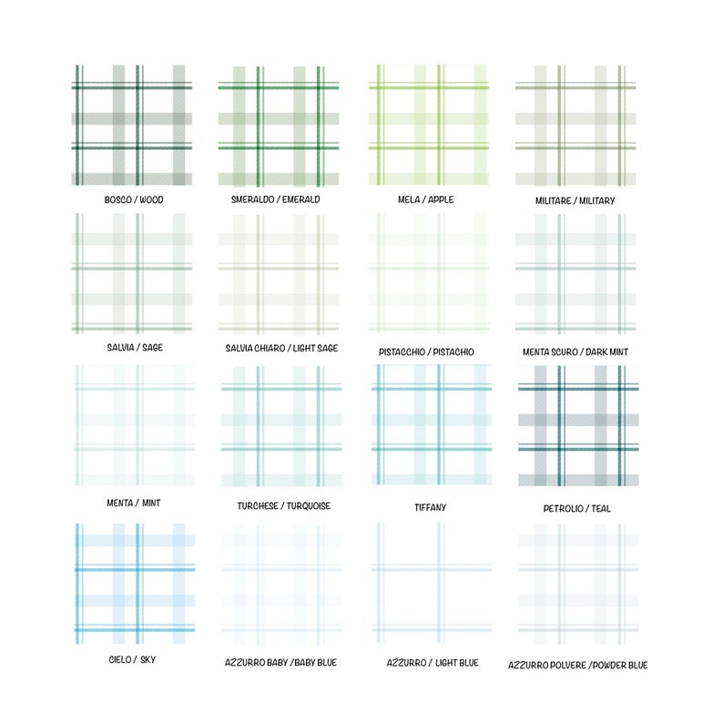 May include: A chart of 16 different plaid patterns in various shades of green, blue, and white. Each pattern is labeled with its Italian and English name.