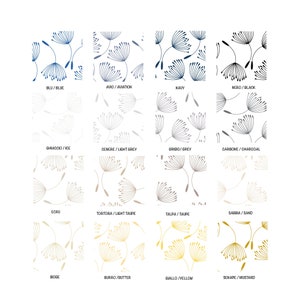 May include: A chart showing 12 different colors with a dandelion pattern. The colors are: blue, navy, black, ice, light grey, grey, charcoal, ecru, light taupe, taupe, sand, beige, butter, yellow, and mustard.