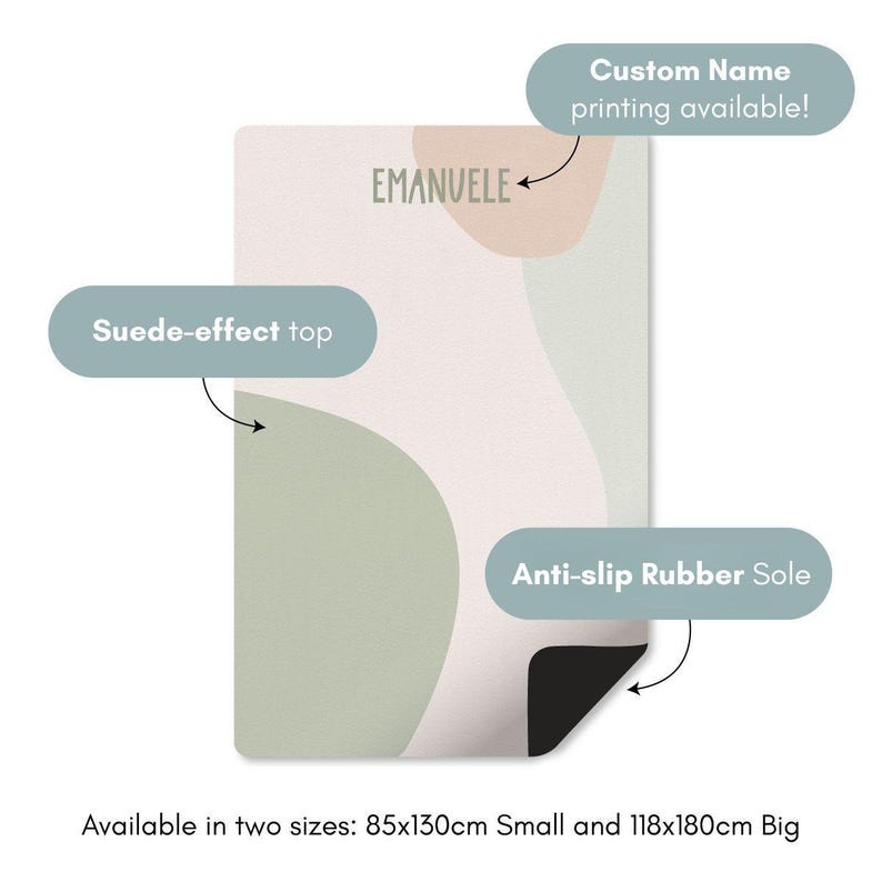 May include: A rectangular mat with a suede-effect top and an anti-slip rubber sole. The mat features abstract shapes in muted colors and the name "EMANUELE". Custom name printing is available. Available in two sizes: 33x51 inches and 46x71 inches.