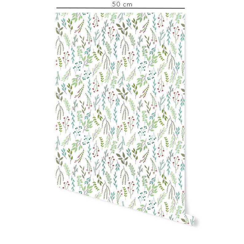 May include: A white background with a repeating pattern of green and blue leaves and red berries. The pattern is 50 cm wide.