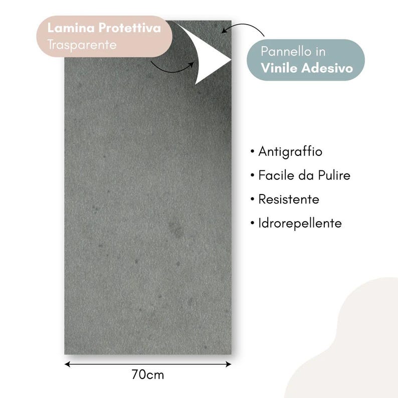 May include: A rectangular gray adhesive vinyl panel, 70cm wide, with a protective transparent layer. Features include scratch resistance, easy cleaning, durability, and water resistance. Text in Italian.