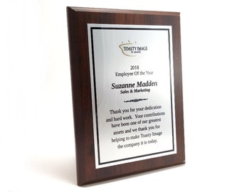 Personalized award plaque cherry finish 4.25 by 6 inch with brushed silver aluminum plate office gift