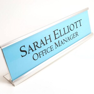 Personalized Desk Name plate nameplate blue with silver metal holder 2 x 8 inches