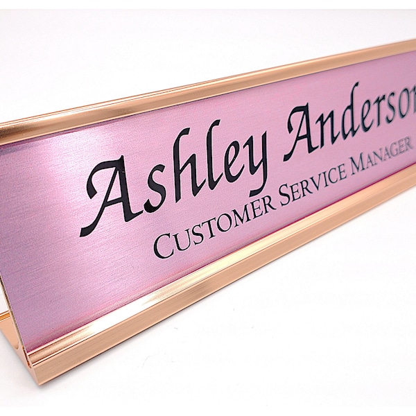 Personalized Desk Name plate nameplate brushed METALLIC pink with rose gold Aluminum Holder 2 x 8 inches