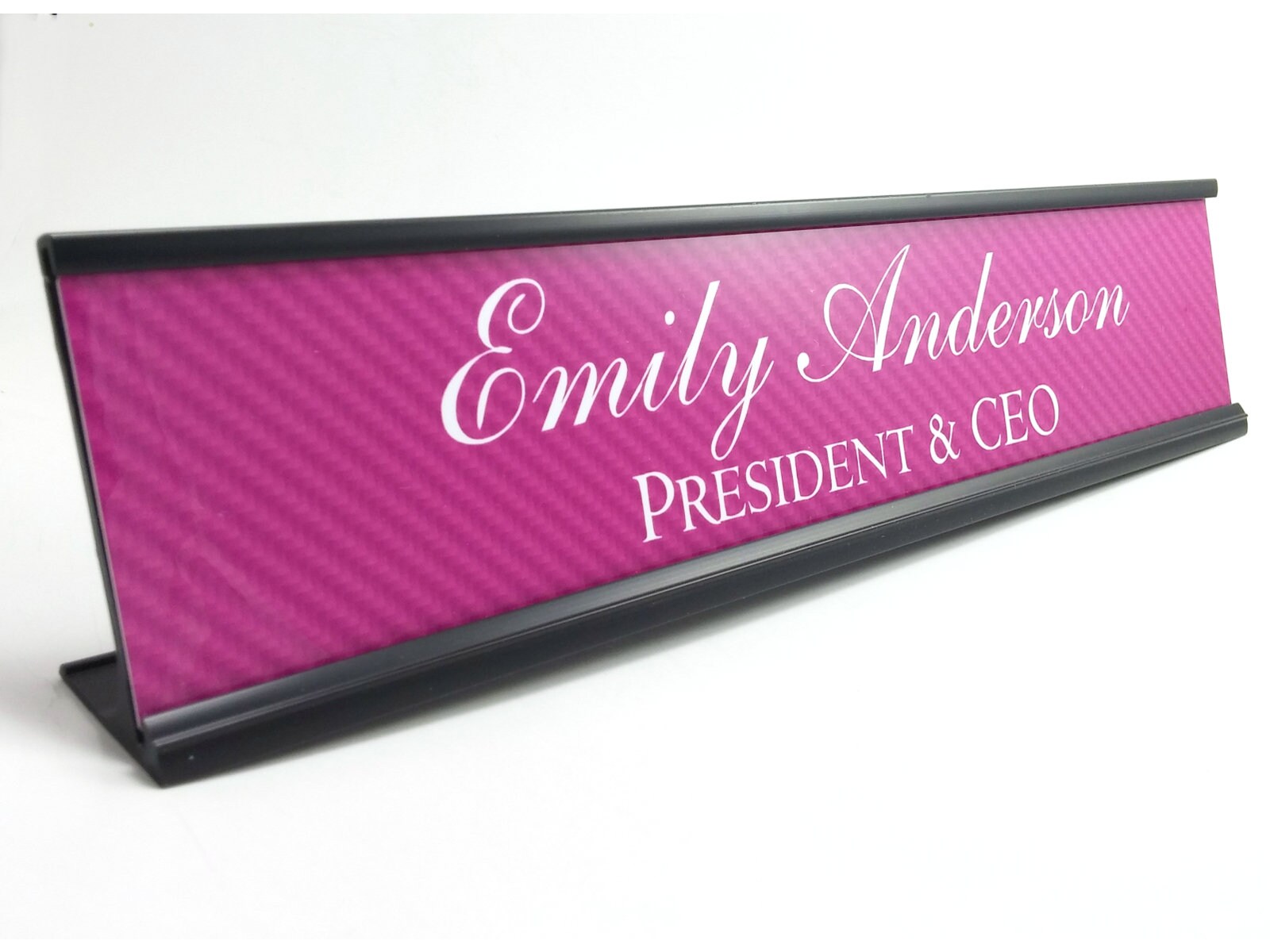 Personalized desk nameplate plate plaque pink with silver aluminum holder 2 x 10 