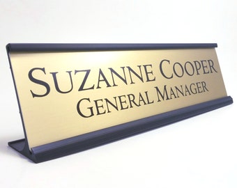 Personalized Desk Name plate nameplate Gold with Black Metal Holder 2 x 8 inches