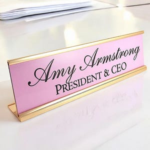 Personalized Desk Name plate nameplate plaque pink with rose gold Aluminum Holder 2 x 8 inches