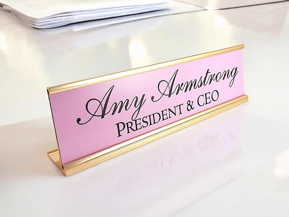Personalized Desk Name plate nameplate plaque pink with rose gold Aluminum Holder 2 x 8 inches