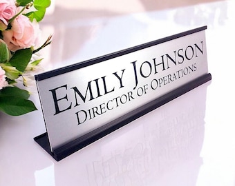 Personalized Desk Name plate nameplate Silver with Black Metal Holder 2 x 8 inches