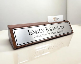 Personalized Desk Name Plate - Walnut Wood Desk Wedge with Brushed Silver Aluminum Insert