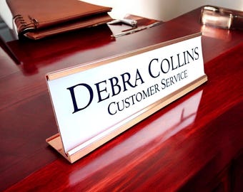 Personalized Desk Name Plate white insert with rose gold aluminum holder 2 x 8 inches