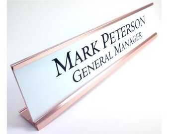 Personalized Desk Name plate nameplate white with gold color aluminum holder 2 x 10 inches