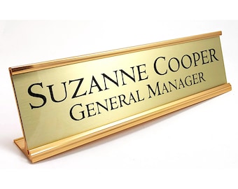 Personalized Desk Name plate nameplate gold insert with rose gold aluminum holder 2 x 8 inches great office gift