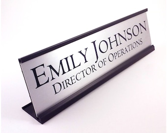 Personalized Desk Name plate nameplate Silver with Black Metal Holder 2 x 8 inches