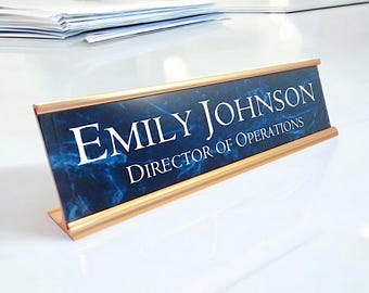 Personalized Desk Name plate nameplate plaque blue marble look with rose gold aluminum Holder 2 x 8 inches