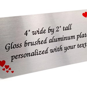 Personalized Brushed Silver Aluminum Tag with Hearts 4 x 2 Customizable Trophy Plaque Art Sign image 1