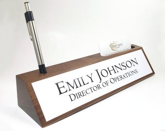 Walnut desk name plate wood with gloss white plate personalized with your name and title