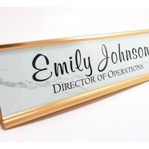 Desk name plate, white marble look desk name plate, desk name plate with rose gold aluminum holder, 2x8 desk name plate, office decor