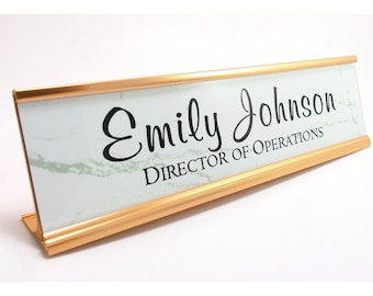 Desk name plate, white marble look desk name plate, desk name plate with rose gold aluminum holder, 2x8 desk name plate, office decor
