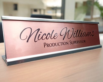 Personalized Desk Name plate nameplate brushed rose gold with silver aluminum holder 2 x 8 inches