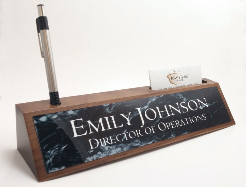 Desk Name Plate Walnut Wood Wedge With Card and Pen Holder Etsy