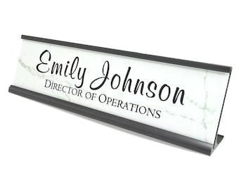 Desk name plate, white marble look desk name plate, desk name plate with black holder, 2x8 desk name plate, office decor