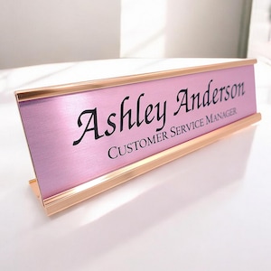 Personalized Desk Name plate nameplate brushed METALLIC pink with rose gold Aluminum Holder 2 x 8 inches