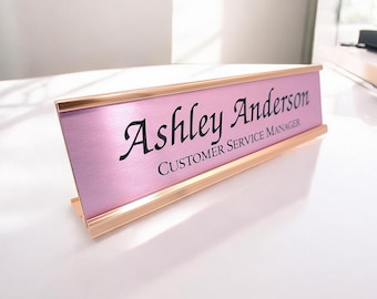Personalized Desk Name plate nameplate brushed METALLIC pink with rose gold  Aluminum Holder x inches