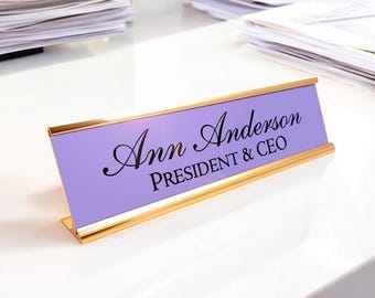 Personalized Desk Name plate nameplate plaque purple with rose gold Aluminum Holder 2 x 8 inches