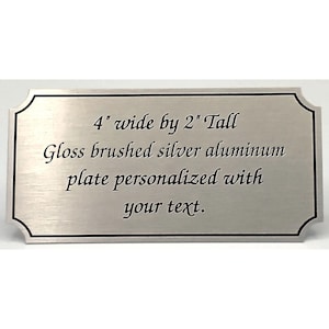 Personalized brushed silver aluminum tag 4" wide by 2" tall great for trophy plaque art personalized sign