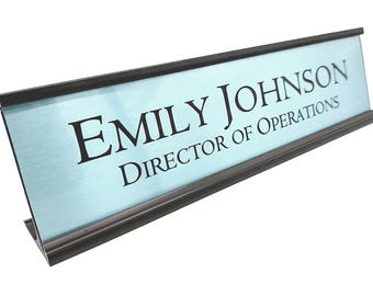Desk name plate, gloss brushed metallic steel blue look desk name plate, desk name plate with black aluminum holder, office decor