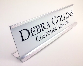 Personalized Desk Name plate nameplate white insert with silver aluminum holder 2 x 8 inches great office or teacher gift