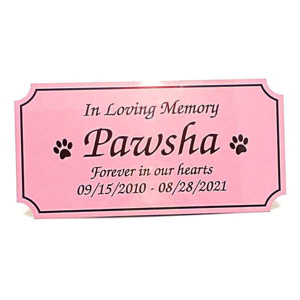 Pet memorial imprinted gloss pink aluminum urn marker memory plate paw prints