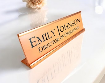 Personalized Desk Name Plate  Orange with Rose Gold Aluminum holder 2 x 8 inches